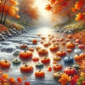 A river scene with floating pumpkins and autumn leaves, creating a whimsical and seasonal image. landscape, Nature Painting