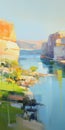 River Scene Painting In The Style Of Josef Kote