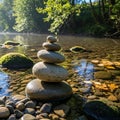 River scene with a stack of smooth, rounded stones balanced in the Royalty Free Stock Photo