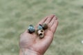 River shells and fine white river sand fall from a woman`s hand Royalty Free Stock Photo