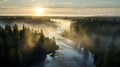 River Dawn In Boreal Forest With Robotics Harmony Scene