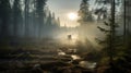 River Dawn In Boreal Forest With Robotics Harmony Scene