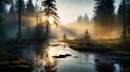 River Dawn In Boreal Forest With Robotics Harmony Scene