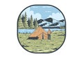 River side camping. Vintage outdoor illustration badge