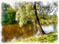 A river side in the park - stylized to painting