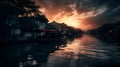 river side residential architecture illuminated by sunset, cloudy sky, reflect in water, creating a serene scene, oriental