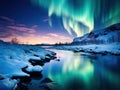 a river with snow and mountains and green lights in the sky