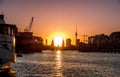 Berlin city skyline with sunset sky - river Spree, Oberbaum Bridge, Tv Tower