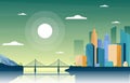 River Sun Bridge City Modern Building Skyline Landmark Illustration