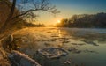 River sunrise winter landscape. Scenic nature