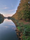 River sunset in fall time, Leipzig, Germany Royalty Free Stock Photo