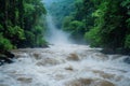 A river surrounded by dense greenery flows gracefully through a vibrant forest landscape, Dangerous river rapids in a remote Royalty Free Stock Photo