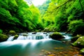 River surrounded by greenery in a forest with a gentle flowing waterfall generated by ai