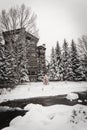 A river surrounded by snow in Vail, Colorado during winter.