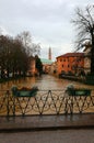 River swollen with muddy water during a disastrous flood in the Vicenza city in Italy after a downpour