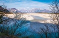 River Tagliamento with mountains Blancot, Palantarins, Plauris Royalty Free Stock Photo