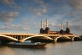 River Thames with barge Grosvenor Rail Bridge and Battersea Power Station Royalty Free Stock Photo