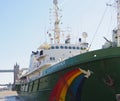 the Greenpeace ship Esperanza docked on the river Thames in London with Tower Bridge in the background, April 2019