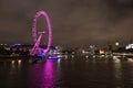 River Thames at night with the view of County Hall, Westminster Bridge, Big Ben, Houses of Parliament and London Eye Royalty Free Stock Photo