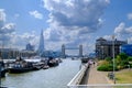 River Thames view from Waterside Gardens, London, with the Tower Bridge and the Shard building in the distance Royalty Free Stock Photo