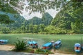 River to the Phong Nha cave with boats in the National Park of Phong Nha Ke Bang, Vietnam. Royalty Free Stock Photo