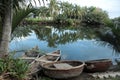 River with traditional bamboo boats in Vietnam Royalty Free Stock Photo