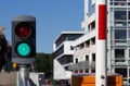 River traffic light for ferry boats with green light on bridge Royalty Free Stock Photo