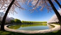 a river with a tree in the background and a lake with cherry blossom in the sky Royalty Free Stock Photo