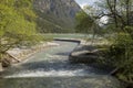 River with trees on borh sides flowing down to a lake with turquoise water