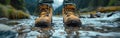 River Trek: Close-up of Hiker\'s Feet in Hiking Shoes