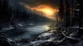 A river in a twilight snow-covered forest Royalty Free Stock Photo