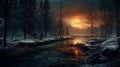 A river in a twilight snow-covered forest Royalty Free Stock Photo