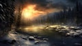 A river in a twilight snow-covered forest Royalty Free Stock Photo