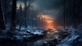 A river in a twilight snow-covered forest Royalty Free Stock Photo