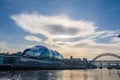 River Tyne, Sage Gateshead concert hall and Tyne bridge at the Newcastle Quayside Royalty Free Stock Photo