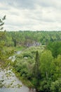 The blue ribbon of the river from the height of the mountains. Wild nature, taiga. Tourism. Far East, Sakhalin Island, Russia. Royalty Free Stock Photo