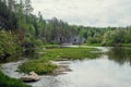 The blue ribbon of the river from the height of the mountains. Wild nature, taiga. Tourism. Far East, Sakhalin Island, Russia. Royalty Free Stock Photo