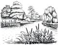 River vector landscape with trees and water plants, hand drawn illustration. Royalty Free Stock Photo