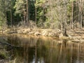 River view in early spring, beautiful cloud reflections in water Royalty Free Stock Photo