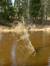 River view in early spring, beautiful cloud reflections in water Royalty Free Stock Photo