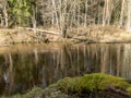 River view in early spring, beautiful cloud reflections in water Royalty Free Stock Photo