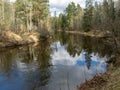 River view in early spring, beautiful cloud reflections in water Royalty Free Stock Photo