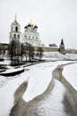 River view on Pskov Kremlin, Krom in winter time Royalty Free Stock Photo