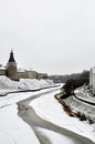 River view on Pskov Kremlin, Krom in winter time Royalty Free Stock Photo