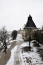 River view on Pskov Kremlin, Krom in winter time Royalty Free Stock Photo