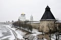 River view on Pskov Kremlin, Krom in winter time Royalty Free Stock Photo