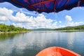 River view From small boats with blue sky - nature river water in thailand , Fishing boat Royalty Free Stock Photo