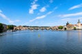 River Vltava with Charles Bridge in the background view from the deck of the tourist boat, sightseeing cruise in Prague, Czech Royalty Free Stock Photo