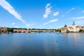 River Vltava with Charles Bridge in the background view from the deck of the tourist boat, sightseeing cruise in Prague, Czech Royalty Free Stock Photo