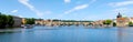 River Vltava with Charles Bridge in the background view from the deck of the tourist boat, sightseeing cruise in Prague, Czech Royalty Free Stock Photo